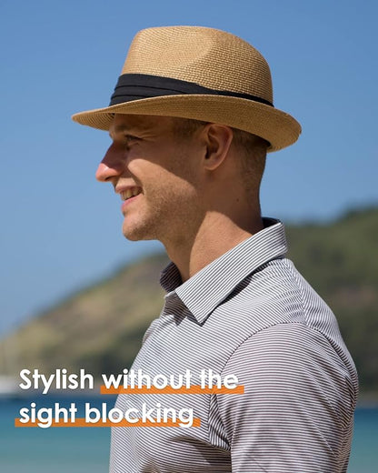 FURTALK Fedora Straw Sun Hat for Men Women Foldable Roll Up Short Brim Trilby Hat Panama Beach Hat UPF 80+