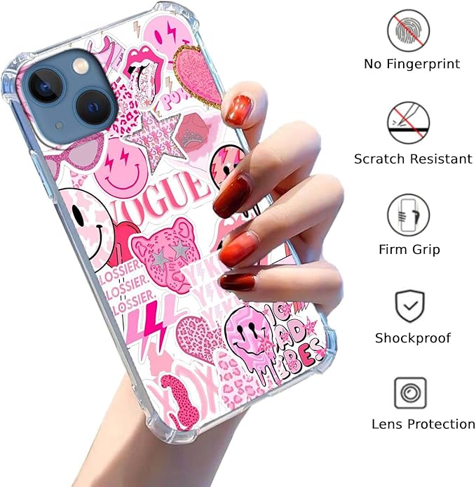 Case for iPhone 13 Mini with Pink Design,Aesthetic Hippie Indie Popular Elements Pattern,Shockproof Soft TPU Bumper Phone Cover(13mini,Pink)