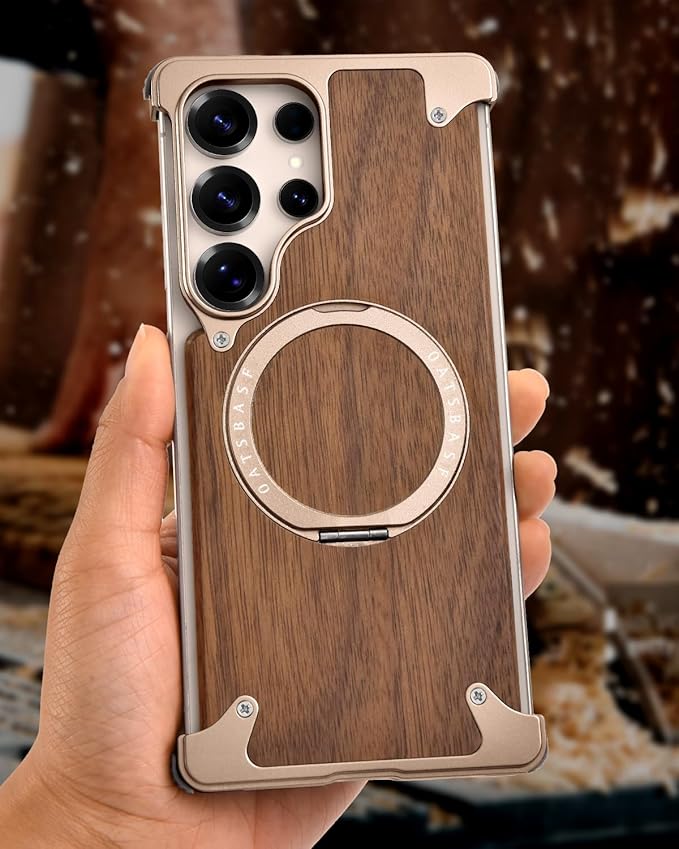 OATSBASF Magnetic Wood Case Compatible with Samsung Galaxy S25 Ultra, [Natural Wood & Aluminum] Shockproof Protective Cover Unique Wooden Case with 360° Ring Stand, Desert Titanium