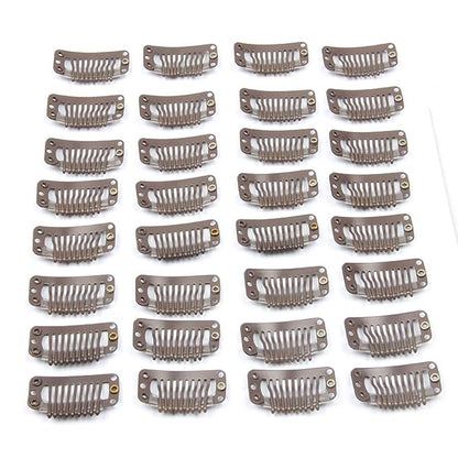 20pcs Metal Snap Clips for Hair Extensions DIY Clip in on Hair Wigs Clip 9 Teeth 32mm 1.2g/pc Dark Brown Color (Brown - Dark Brown)