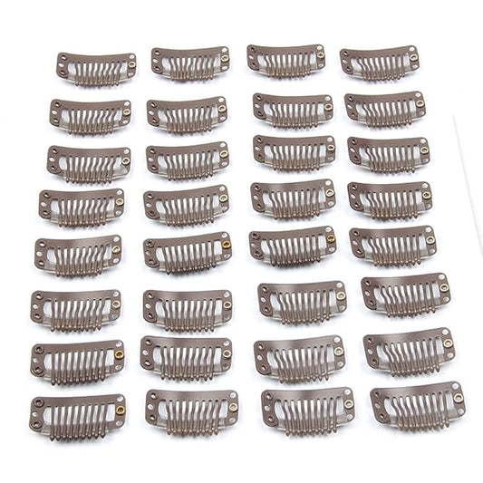 20pcs Metal Snap Clips for Hair Extensions DIY Clip in on Hair Wigs Clip 9 Teeth 32mm 1.2g/pc Dark Brown Color (Brown - Dark Brown)