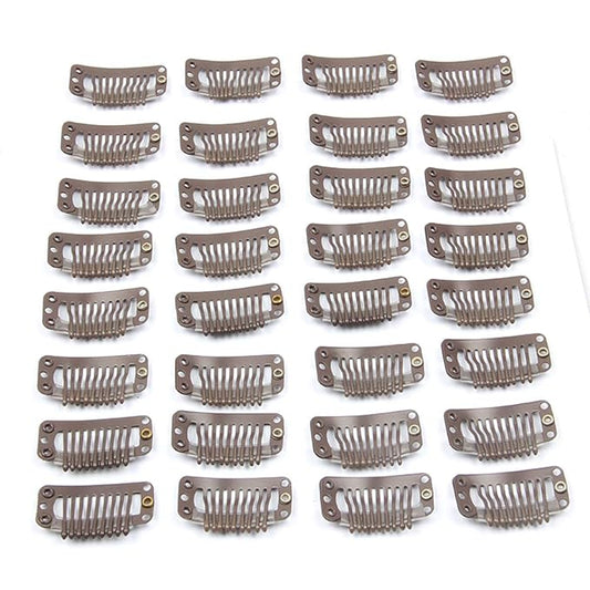 30pcs Stainless Steel Snap Wig Clips for Hair Extensions, Toupee Combs - 9-teeth, 32mm, 1.2g/pc (Dark Brown)