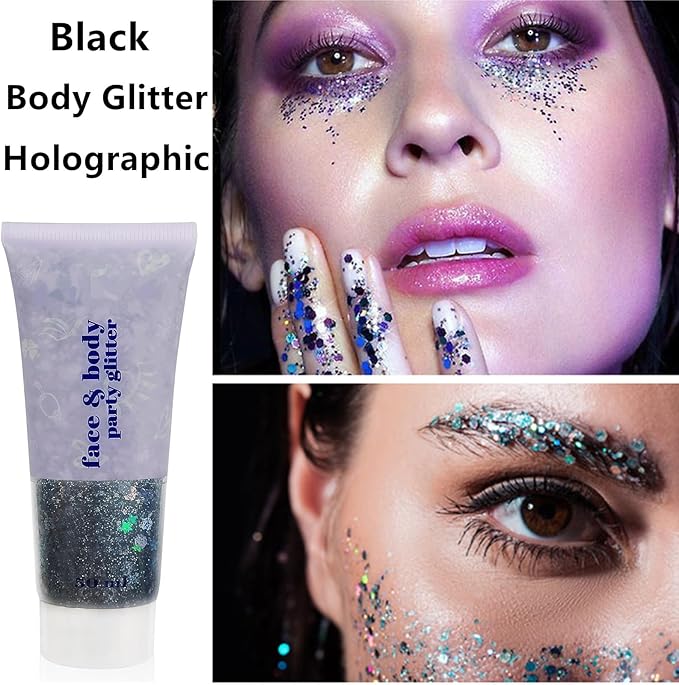 Go Ho Black Body Glitter,Halloween Black Face Paint Glitter Makeup,Holographic Chunky Sequins Glitter for Festival Cosplay SFX Costume,Festival Rave Accessories,Eye Black Face Glitter Gel