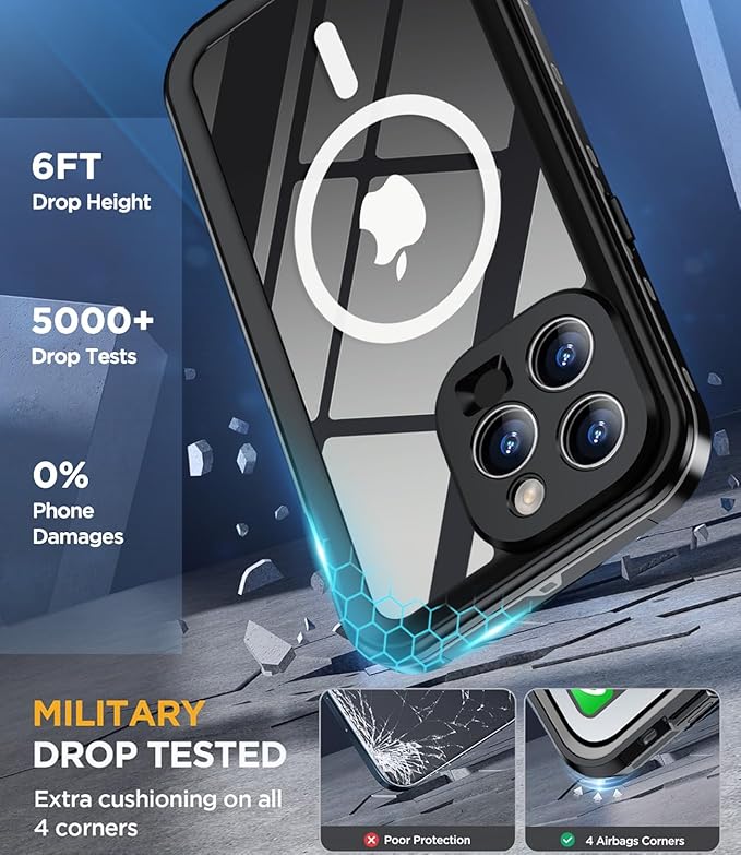 Design for iPhone 15 Pro Max Case Waterproof, Full Body Underwater Dustproof Shockproof Case Built-in Screen Protector (Clear, 15ProMax-6.7)
