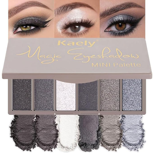 evpct 6 Colors Travel Eye Shadow Palette Makeup, Black Smoky Gray Grey White Silver Taupe Glitter Sparkly Shimmer Matte High Pigment Mini Eyeshadow Palette for older Women Long Lasting Built in Mirror