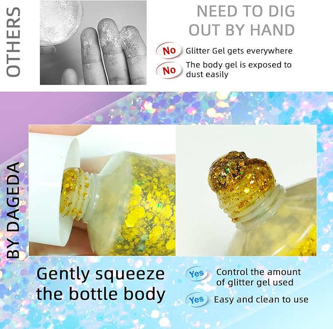 DAGEDA Body Glitter Gel, Face Glitters Body Gel Sequins Shimmer Liquid Eyeshadow, Chunky Glitter for Face Hair Nails, Holographic Cosmetic Laser Powder Festival Glitter Makeup 50ml(Gold