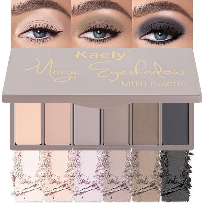 evpct 6 Colors Travel Eye Shadow Palette Makeup, Nude Light Brown Smoky Grey Taupe Black Natural Matte High Pigment Mini Eyeshadow Palette for Older Women, Long Lasting Waterproof, Built in Mirror