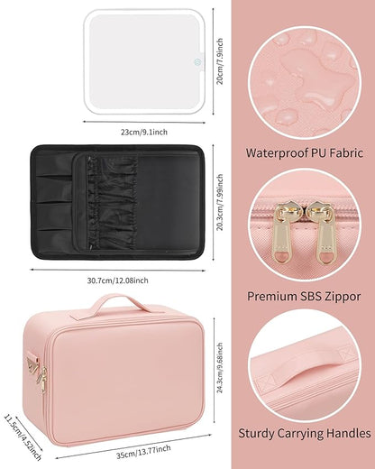 MONSTINA Makeup Bag with LED Mirror,Lighted Make up Travel Case Cosmetic Bag Professional Cosmetic Artist Organizer with LED Light Mirror,3 Adjustable Brightness for Girls and Women,Middle Pink