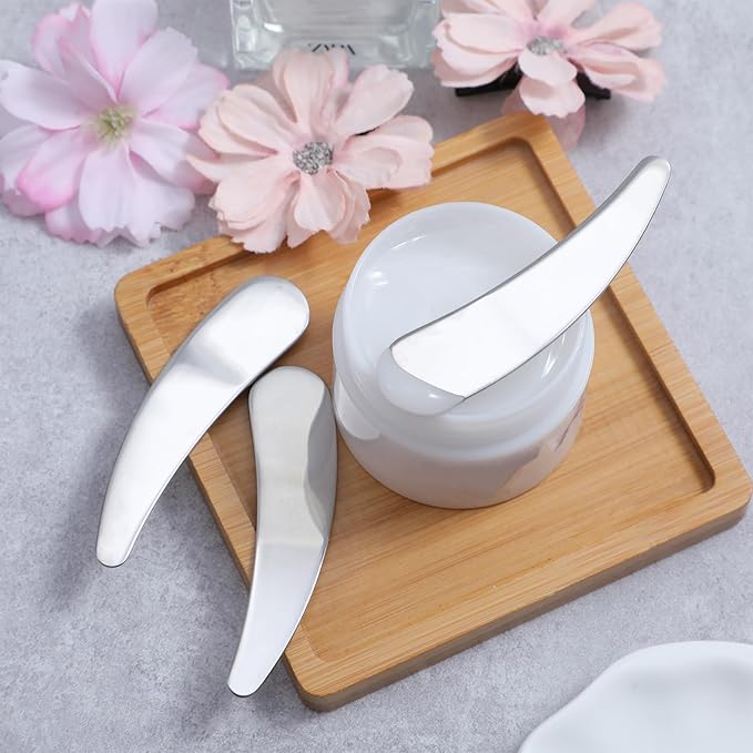 3pcs Mini Metal Makeup Spatula Set, Reusable Cosmetic Cream Spoons, Skincare Scoop Applicator for Mixing and Sampling Face Eye Cream, Silver Beauty Tools for Hygienic Application