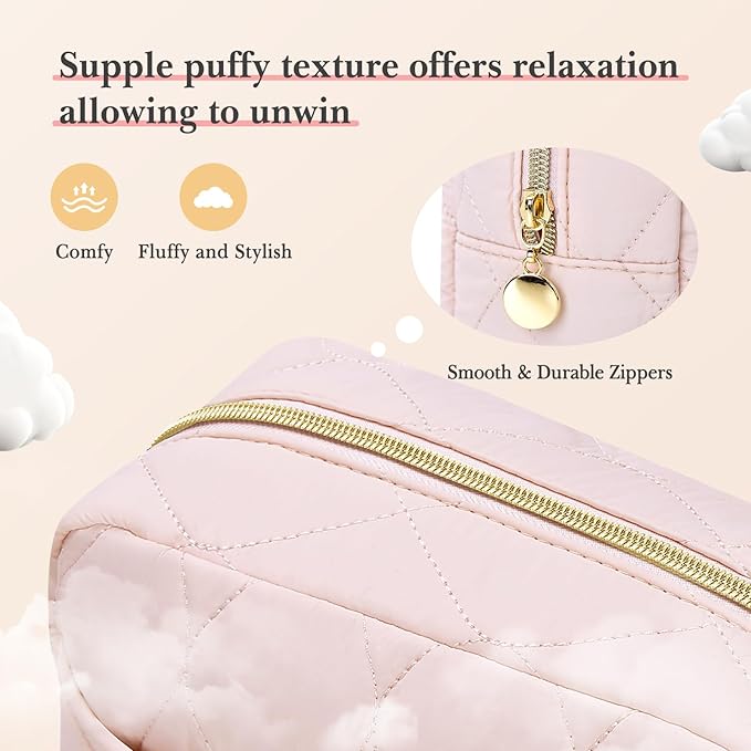 Noozion Makeup Bag, Travel Cosmetic Bag, Puffy Padded Make Up Bag for Women, Makeup Organizer Case, Wide-open Pouch Purse, Travel Essentials