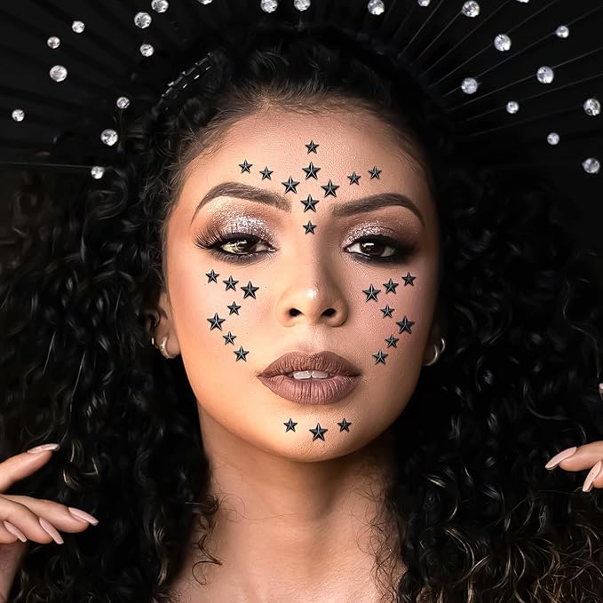 264Pcs Star Face Gems Eye Gems, Self-Adhesive Face Jewels Rhinestones 5/7/10 mm DIY Face Gems Stick on, Patriotic Makeup Gems Rave Accessories for Face Eyes Hair Makeup Body, Crafts (Black-Star)