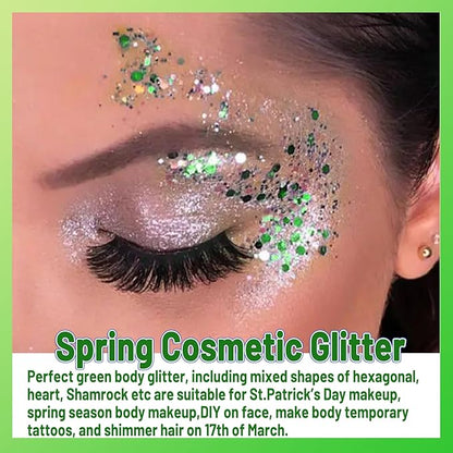 Allstarry Green Body Glitter, 4 Colors Cosmetic Green Face Glitter, Shamrock Face Eyeshadow Makeup Hair and Eye Glitter St Patricks Day Accessories Green Makeup Shamrock Decorations