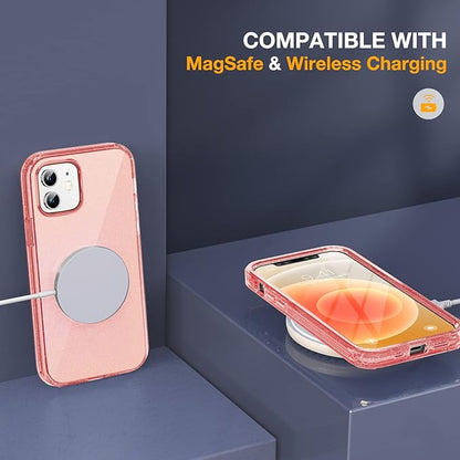 Miracase Glass Series for iPhone 12/12 Pro - Full-Body Rugged Protective Case with Built-in 9H Tempered Glass Screen Protector and Camera Lens Protector - Glitter Rose