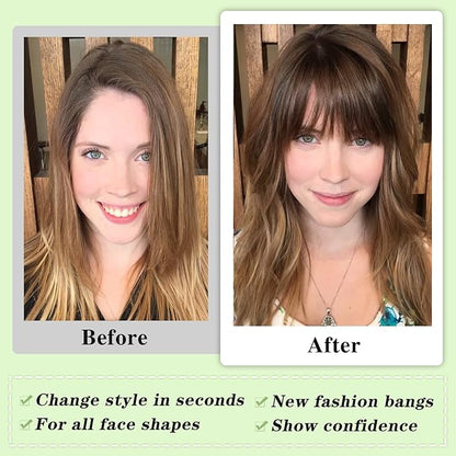 NAYOO Bangs Hair Clip -Medium Brown Fake Bangs 100% Real Human Hair Extensions Wispy Bangs for Women Fringe with Temples Hairpieces Curved Bangs for Daily Wear