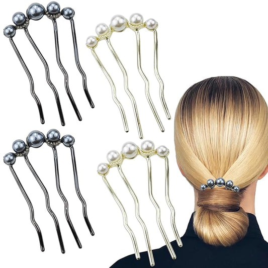 4 PACK Pearls Twist Hair Pins, Pearl U Shaped Hair Side Combs, 4 Prong Hair Updo Hair Sticks, Vintage Hair Fork Clips, French Pearl Hairpin Hair Styling Accessories for Wedding Party Holiday Daily