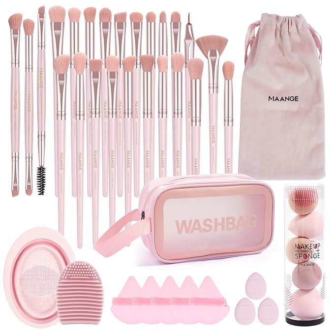 MAANGE Makeup Brushes, 41 Pcs Premium Synthetic Makeup Brush Set Contour Blush Concealers Eye Shadow Eyeliner Blending Make Up Brush Kit (Pink, 41 Piece Set)