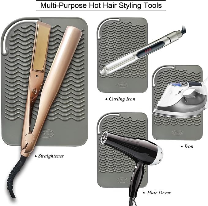 11" X 7.5" Large Size Heat Resistant Silicone Travel Mat for Hair Straighteners, Curling Irons, Flat Irons, Other Hair Styling Tools, Portable Silicone Pad Cover for Travel Vanity Salon - Gray