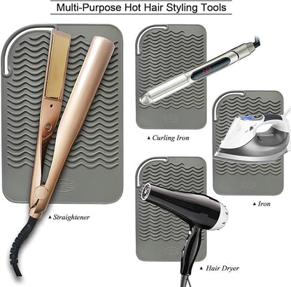 11" X 7.5" Large Size Heat Resistant Silicone Travel Mat for Hair Straighteners, Curling Irons, Flat Irons, Other Hair Styling Tools, Portable Silicone Pad Cover for Travel Vanity Salon - Gray
