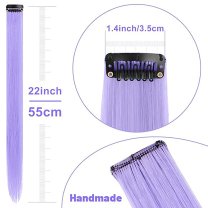 22 inch Colored Hair Extensions, Multi-colors Party Highlights Clip in Synthetic Hair Extensions, Color Party Highlights Hairpieces for Girls Women(10 PCS Light Purple)