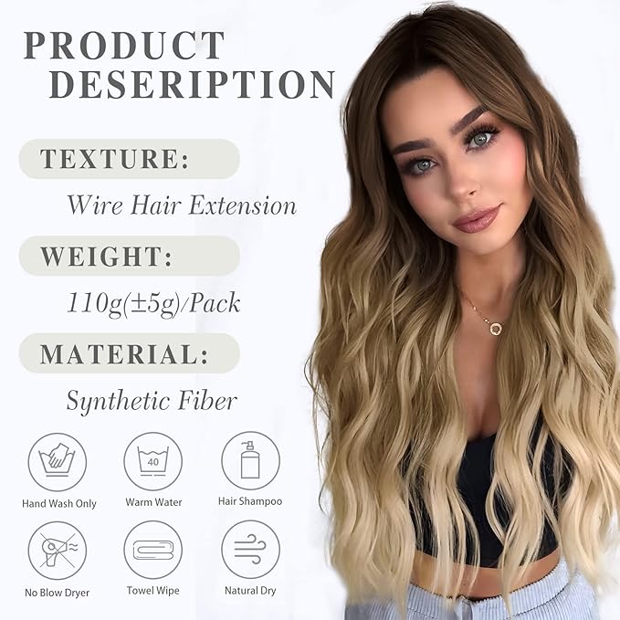MORICA Invisible Wire Hair Extensions - 20 Inch Ombre Blonde Long Wavy Synthetic Hairpiece with Transparent Wire Adjustable Size, 4 Secure Clips for Women