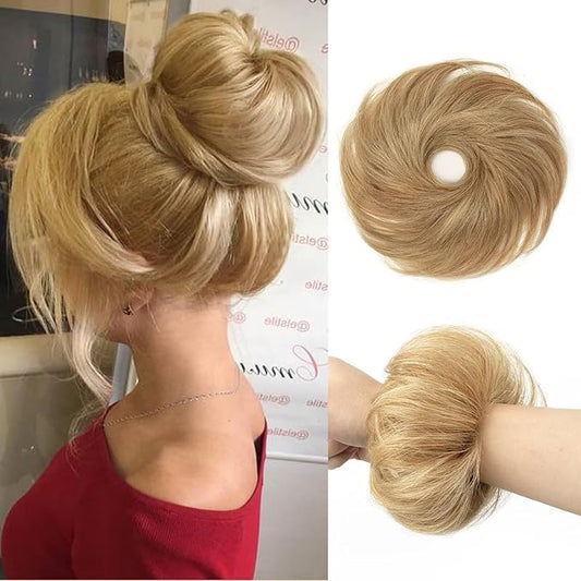 1PCS Messy Bun Hair Piece Human Hair Natural Curly 100% Real Human Hair Chignons Scrunchies Hair Fluffy Hair Buns for Women Bun Donut Updo Hair Pieces Bun Extension (#27 Honey Blonde)