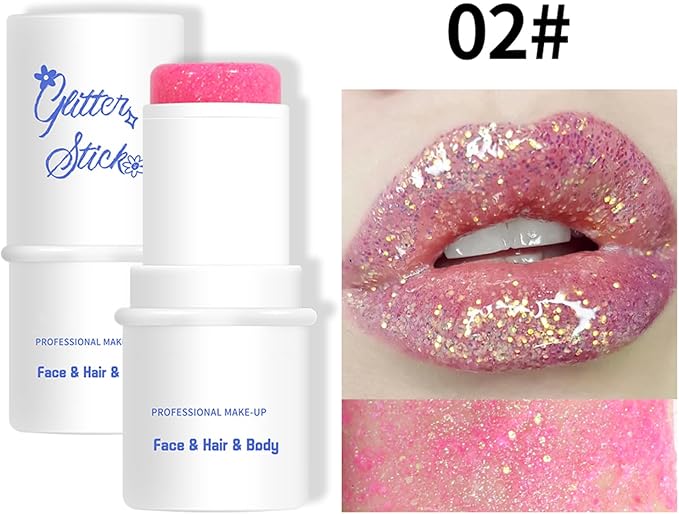 Body Glitter Stick, Chunky Gel for Face and Body Hair, Sparkling Holographic Mermaid Sequins Paint, Waterproof Multiuse Makeup Glitter Paint, 02#Pink