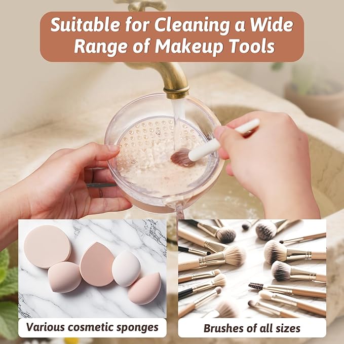 3 in 1 Makeup Brush Cleaner Bowl and Dryer, Silicone Simply Makeup Brush Cleaner Mat, Waterproof Makeup Brush Holder with Lid, Cosmetic Tools Organizer (Khaki)