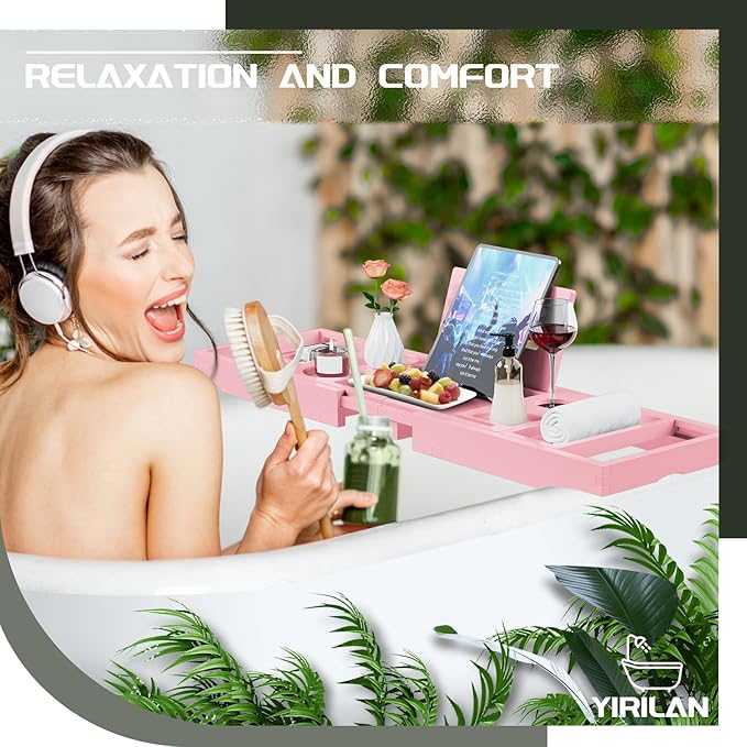 Yirilan Premium Bathtub Tray Caddy - Expandable Bath Tray - Unique House Warming Gifts, New Home, Anniversary & Wedding Gifts for Couple, Bridal Shower Gift for Women-Pink