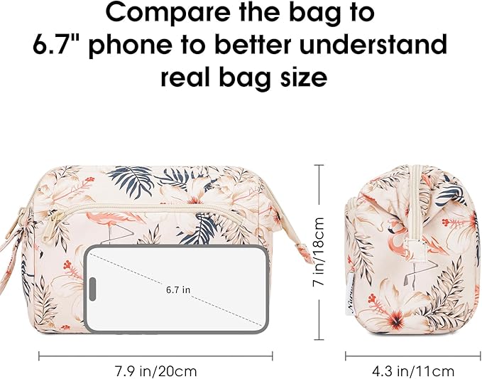 Narwey Women Makeup Bag Wide-open Make up Bag Travel Cosmetic Organizer Toiletry Bag for Cosmetics Toiletries Accessories (Beige Flamingo)
