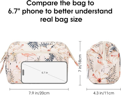 Narwey Women Makeup Bag Wide-open Make up Bag Travel Cosmetic Organizer Toiletry Bag for Cosmetics Toiletries Accessories (Beige Flamingo)