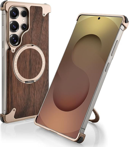 OATSBASF Magnetic Wood Case Compatible with Samsung Galaxy S25 Ultra, [Natural Wood & Aluminum] Shockproof Protective Cover Unique Wooden Case with 360° Ring Stand, Desert Titanium