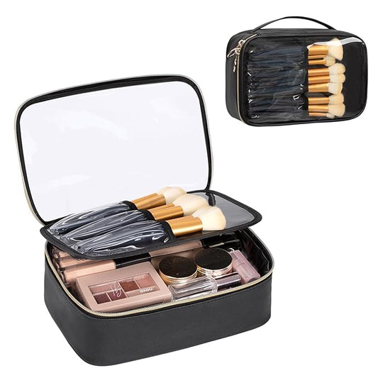 OCHEAL Clear Makeup Bag, Portable Cosmetic Bag Storage, Travel Makeup Bag Cute Clear Pouch For Women and Girls Cosmetics Bags with Divider Makeup Brush Compartment-Black PU Large