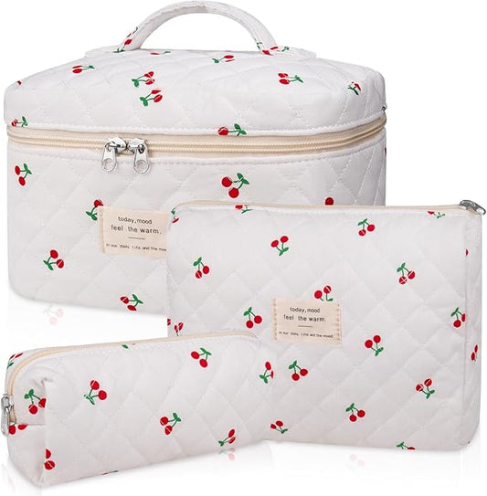 3PC Makeup Bag Set, Quilted Makeup Bag, Large Floral Cosmetic Bag for Women, Cute Cotton Makeup Bags, Flower Travel Toiletry Organizer Bag (Large Cherry)