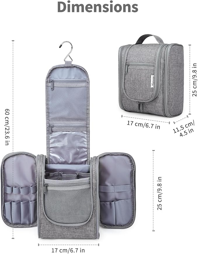 Narwey Small Hanging Travel Toiletry Bag Cosmetic Make up Organizer for Women and Men (Medium, Grey)