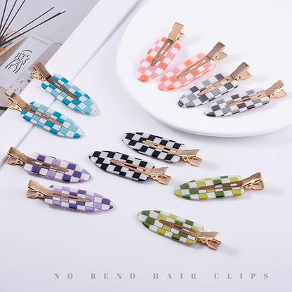 No Crease Creaseless No Bend Hair Clips For Styling Non Slip Flat Clips For Makeup Hair Accessories For Women,Checkerboard Multiple Colors,12 PCS