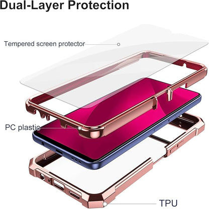 Ailiber for T-Mobile REVVL 7 Pro Case with Screen Protector, Dual Layer Shockproof Bumper, Clear Transparent [Anti Yellowing], Slim Scratch-Resistant Cover for Metro REVVL 7 Pro 5G-Rose Gold