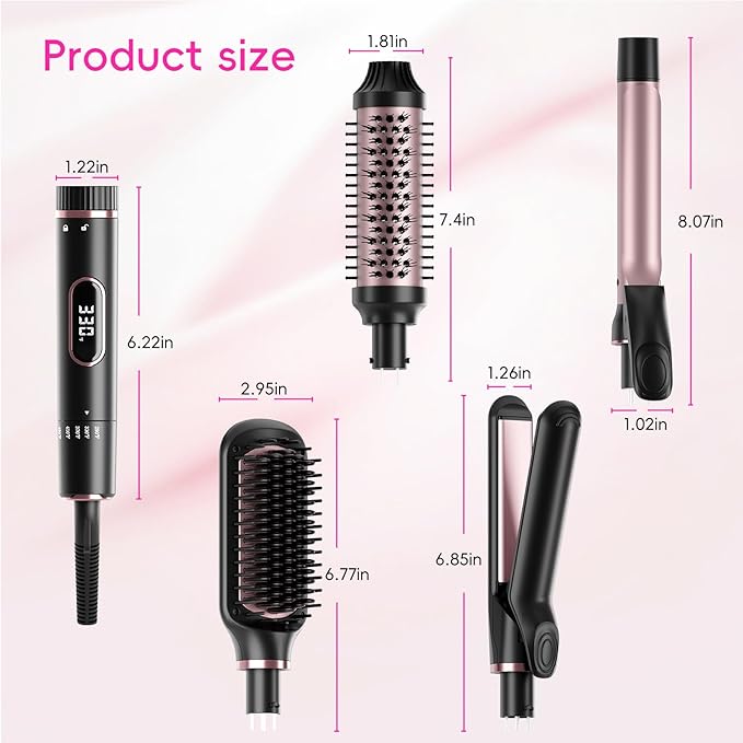 Nicebay Hair Straightening Brush Set with Thermal Brush Flat Iron, 1 Inch Ceramic Curling Iron, 5 Adjustable Temps Professional Fast Heat with Glove, Dual Voltage for Travel, Women Gifts