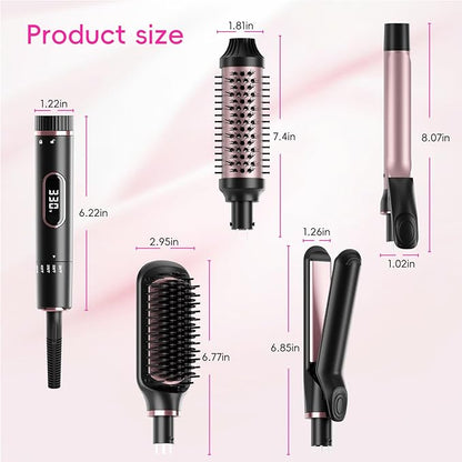 Nicebay Hair Straightening Brush Set with Thermal Brush Flat Iron, 1 Inch Ceramic Curling Iron, 5 Adjustable Temps Professional Fast Heat with Glove, Dual Voltage for Travel, Women Gifts