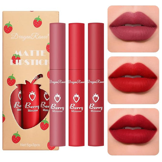 3 Piece Nude Matte Lipstick Set,Natural Velvet Air Moisture Smooth Crayon Lip Stain,Ultimate Nourishing Matte Lipstick 24 Hour Long Lasting Lip Gloss Lipstick for Women Makeup(Set B)