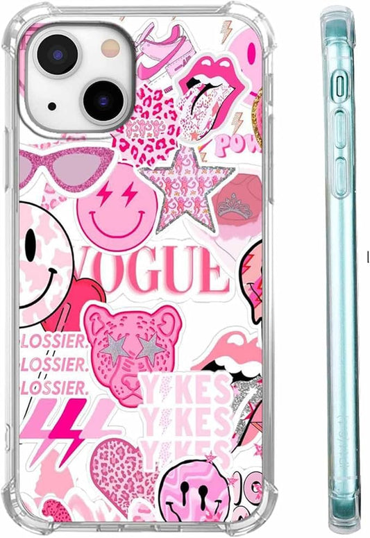 Case for iPhone 15 with Pink Design,Aesthetic Hippie Indie Popular Elements Pattern,Shockproof Soft TPU Bumper Phone Cover(15,Pink)