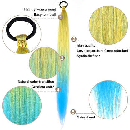 2 Pack Ponytail Extension with Elastic Tie Straight Sleek Wrap Around Braid Ponytail Yellow Blue Gradient 26 Inch (Yellow/Blue#)