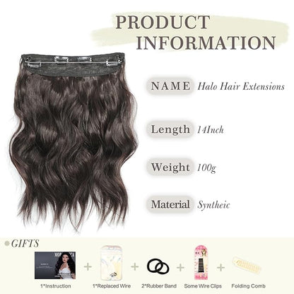 MORICA Invisible Wire Hair Extensions - 14 Inch Dark Brown Long Wavy Synthetic Hairpiece with Transparent Wire Adjustable Size, 4 Secure Clips for Women(Dark Brown,14Inch)
