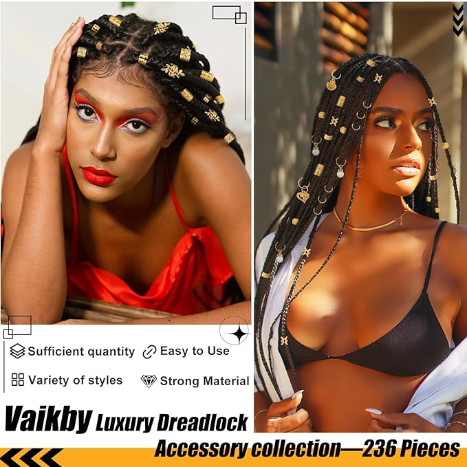 236PCS Gold Hair Accessories Set: Jewelry, Charms, Rings and Cuffs for Braids, Dreadlocks, Loc Styles and Rave Hair Styling