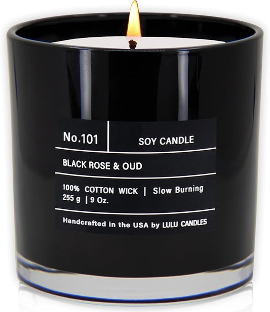 Lulu Candles | Black Rose & Oud | Smells Floral and Smokey | Luxury Scented Soy Jar Candle | Hand Poured in The USA | Highly Scented Long Lasting (9 Oz.)