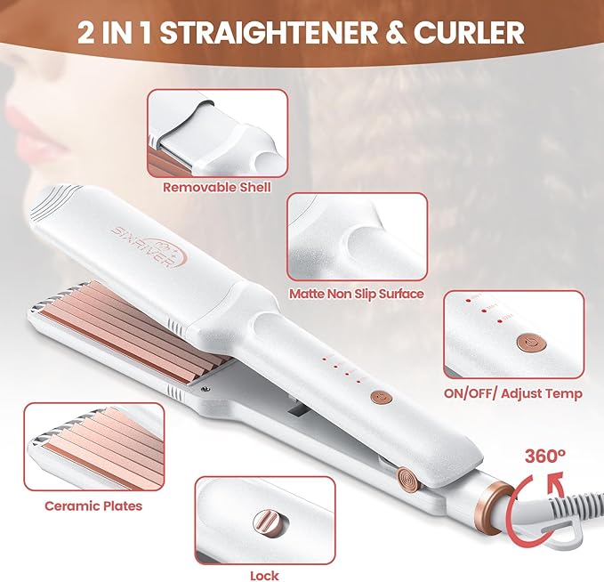 4 in 1 Hair Crimper, Straightener, and Curling Iron: Ceramic Flat Crimping Plates, Volumizing Tool with 15s Fast Heating (White)