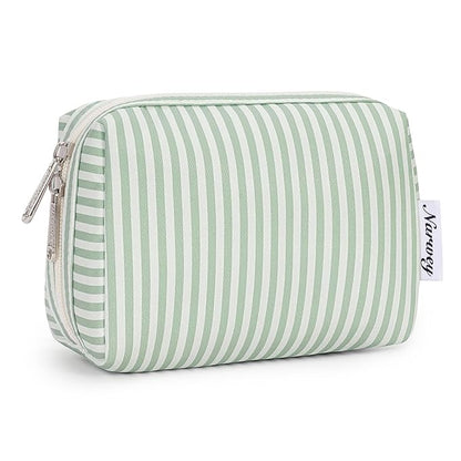 Narwey Small Striped Makeup Bag for Purse Mini Cosmetic Bag Travel Makeup Pouch Zipper Pouch Cute Make up Bags with Compartments for Women Girls (Mint Green Stripe, Small)