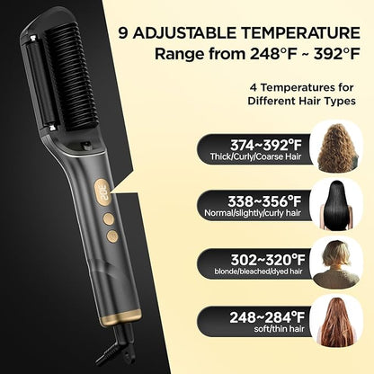 Hair Straightener Brush, Upgraded Ionic Hair Straightener Comb with Oil-Infused, Anti-Frizz Ceramic, Anti-Scald, 9 Temp Settings & LED Display, Dual Voltage, Straightening Brush for All Types