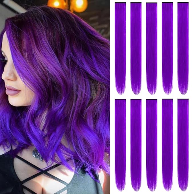 22 inch Colored Hair Extensions Straight Hairpiece, Multi-colors Party Highlights Clip in Synthetic Hair Extensions for Women Kids Girls Favor Cosplay Gift (10pcs Purple)