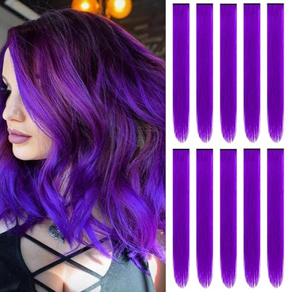 22 inch Colored Hair Extensions Straight Hairpiece, Multi-colors Party Highlights Clip in Synthetic Hair Extensions for Women Kids Girls Favor Cosplay Gift (10pcs Purple)