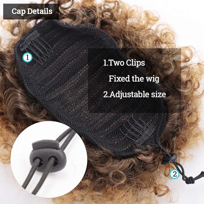 Ombre Brown Afro Puff Drawstring Ponytail Kinky Curly Pony Tail Hair Extensions Synthetic Short Bun Hairpieces for Black Women(1B/27#)